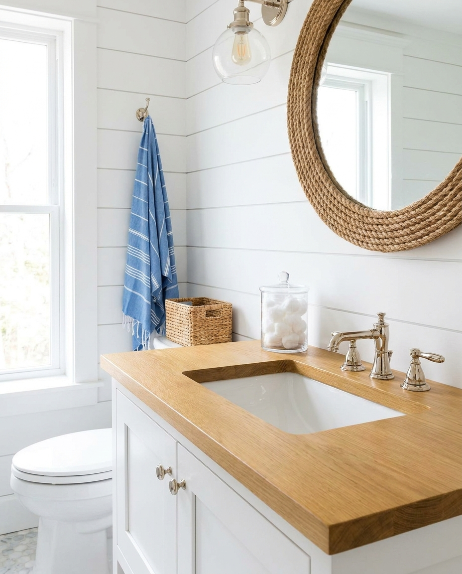 Solid white oak countertop, edge grain — a fresh coastal bathroom vanity