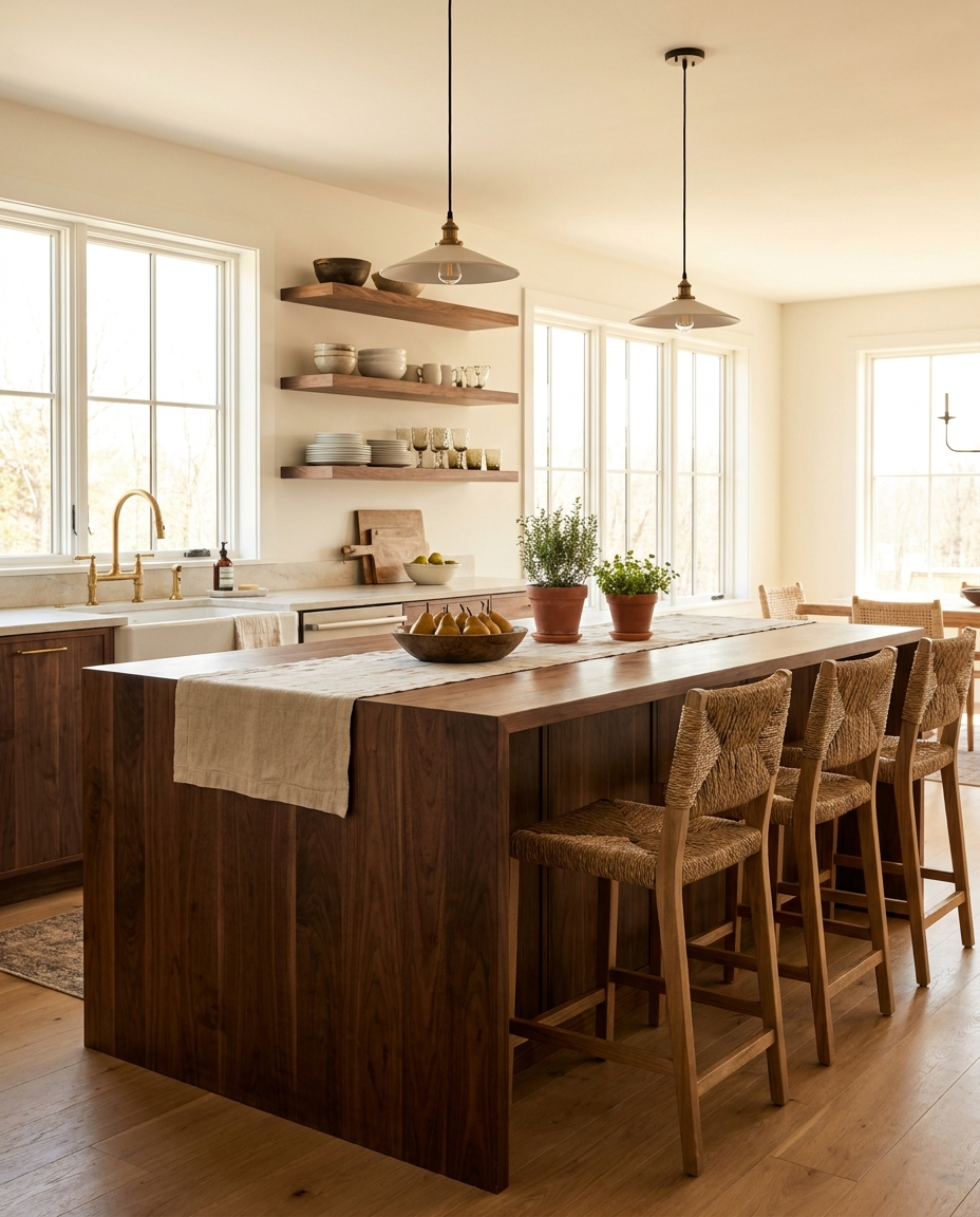 Solid walnut countertop, face grain — a modern farmhouse kitchen, island top with matching floating shelves