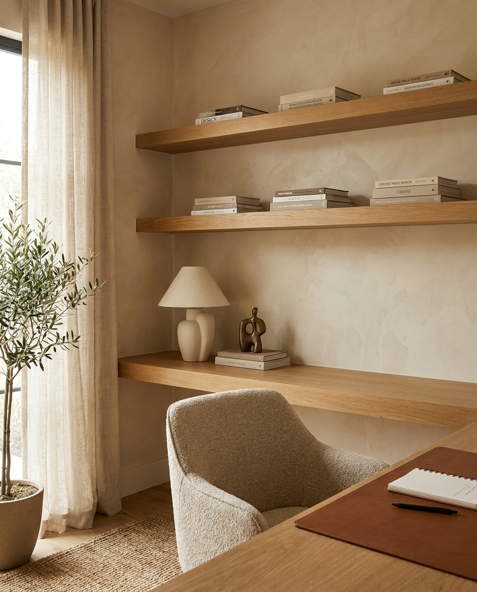 Solid white oak shelf, face grain — a home office, shelves over a matching desk
