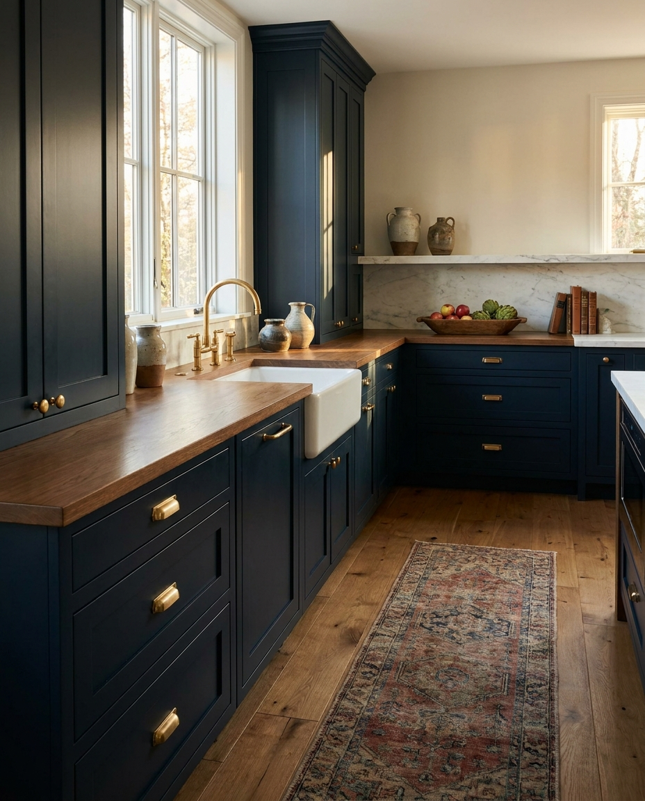 Solid white oak countertop, edge grain — a deep navy kitchen, medium walnut stain