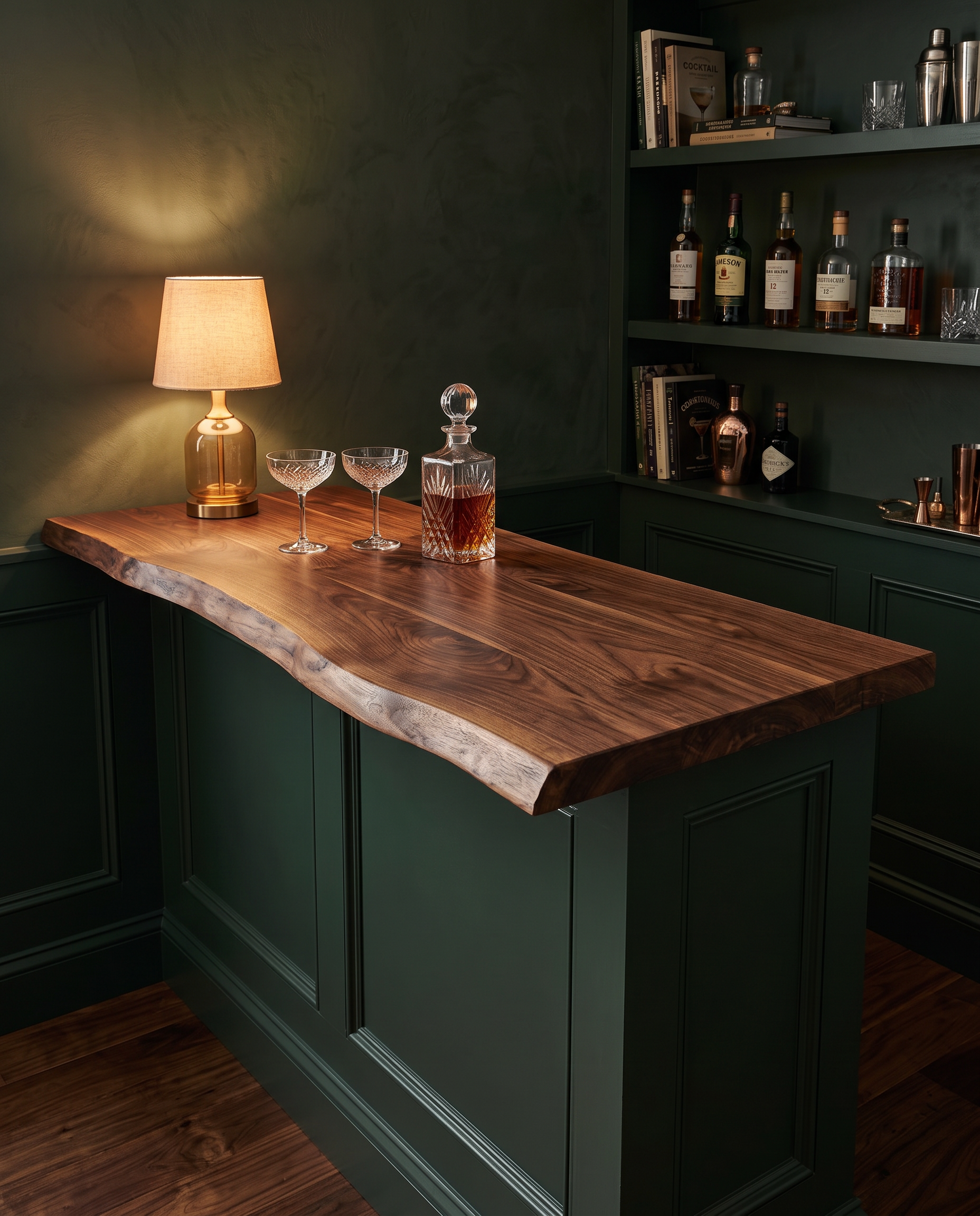 Solid walnut countertop, live edge — a hunter-green home bar