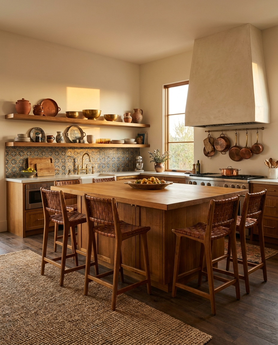 Solid iroko countertop, face grain — a global-modern kitchen, island with matching shelves