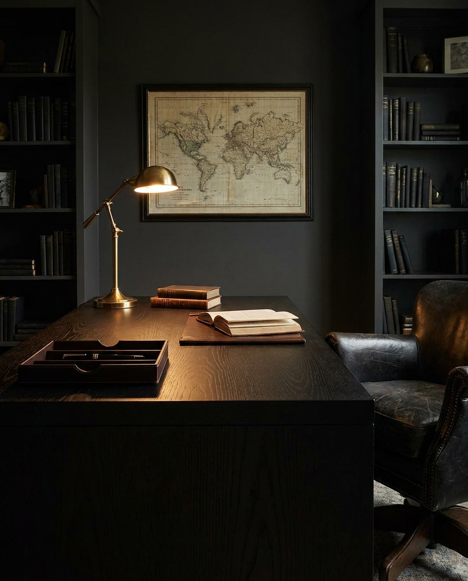 Solid black oak tabletop, face grain — a moody study