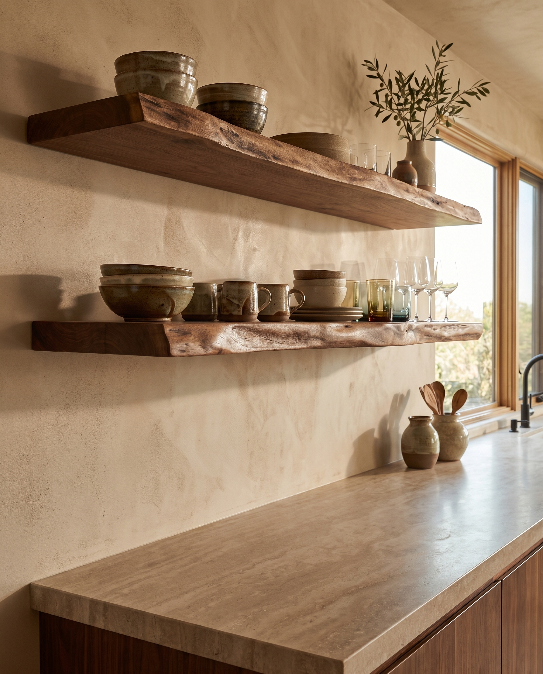 Solid walnut shelf, live edge — an earthy modern kitchen