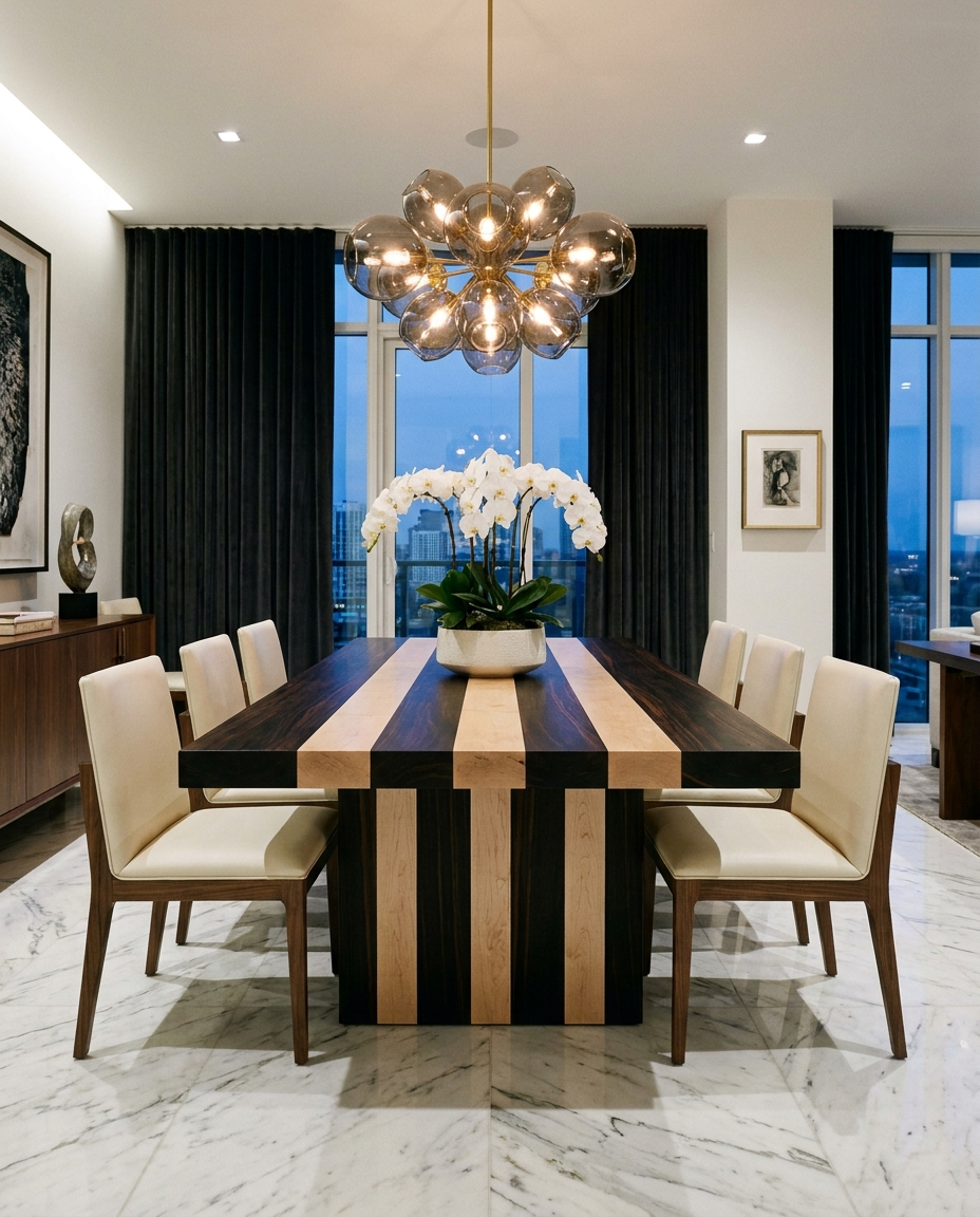 Solid macassar ebony + maple dining table, face grain — a luxurious modern dining room — striped plank top