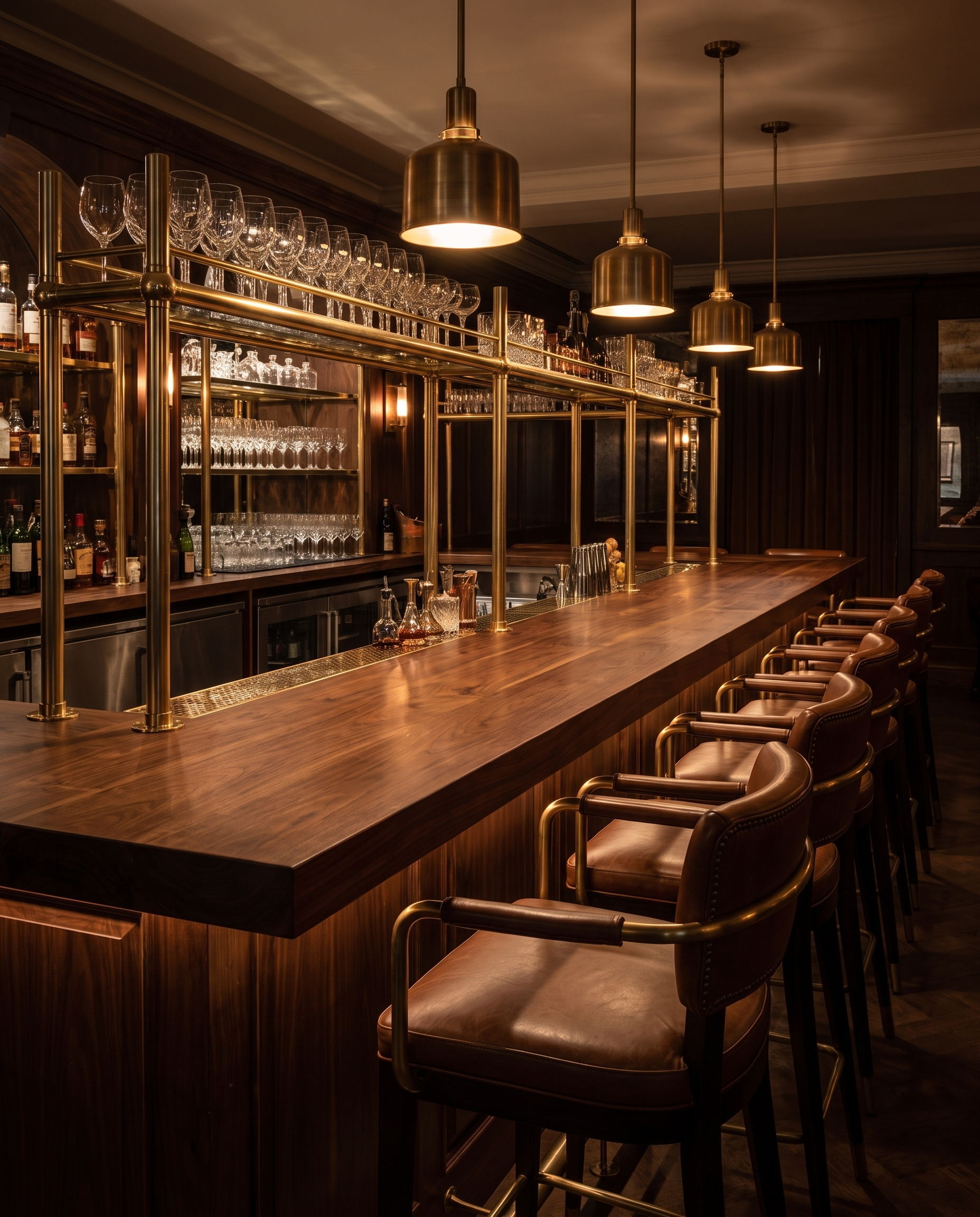 Solid walnut countertop, edge grain — a brass-railed restaurant bar