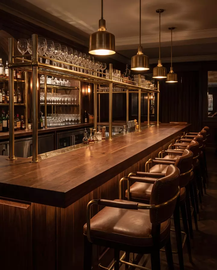 Walnut edge grain butcher block countertop — a brass-railed restaurant bar
