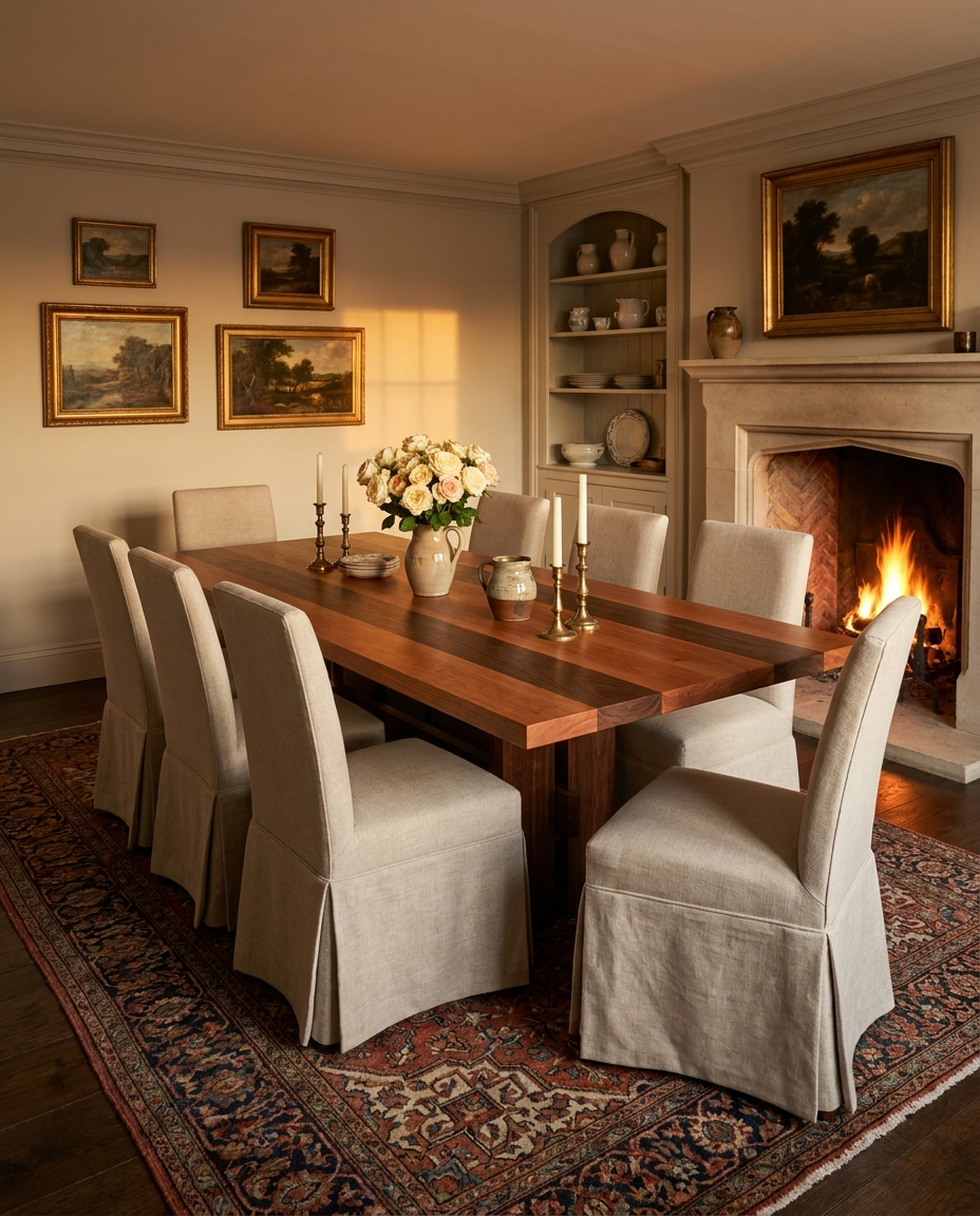 Solid cherry + walnut dining table, face grain — a cozy traditional dining room — striped plank top
