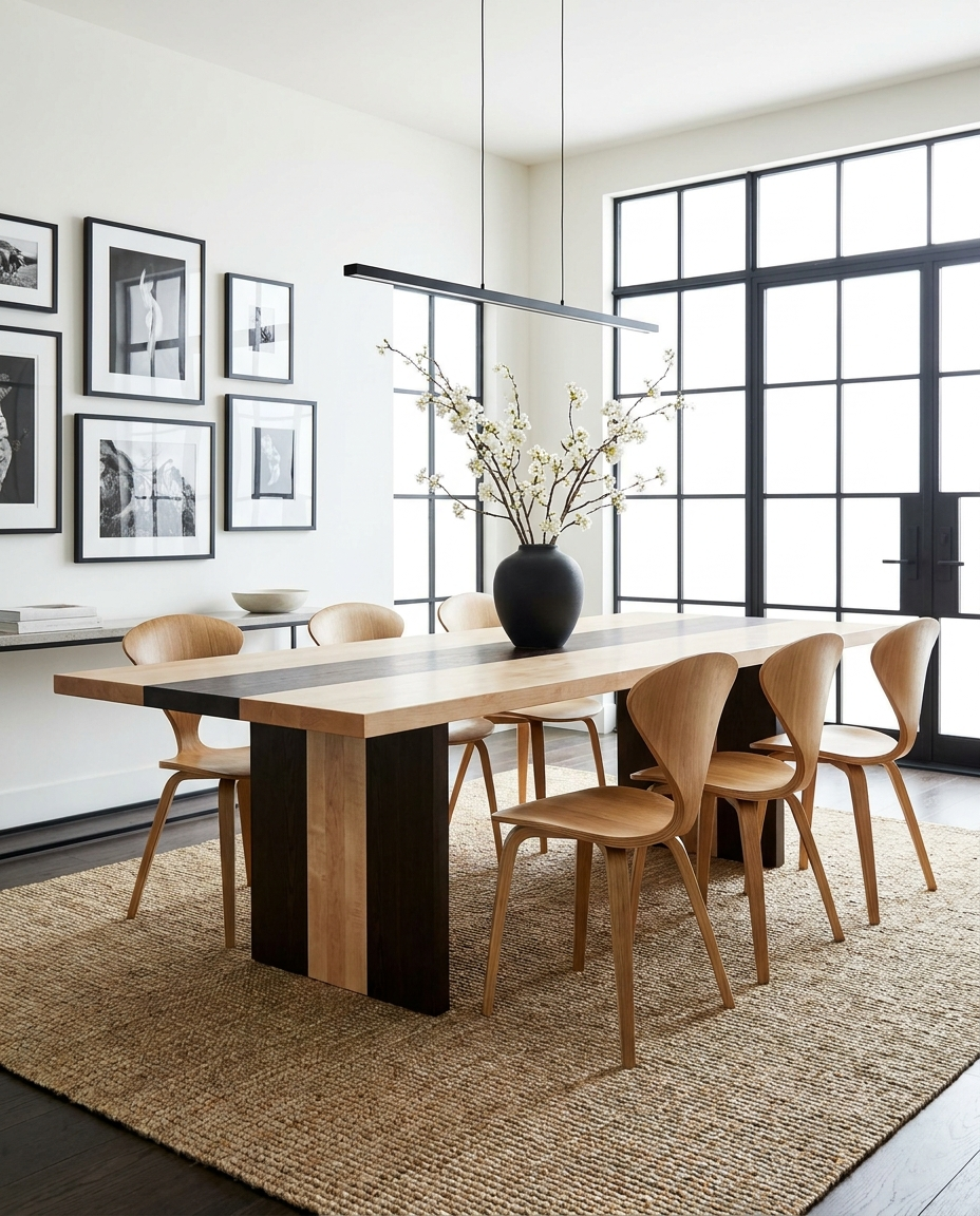 Solid maple + wenge dining table, face grain — a high-contrast modern dining room — striped plank top