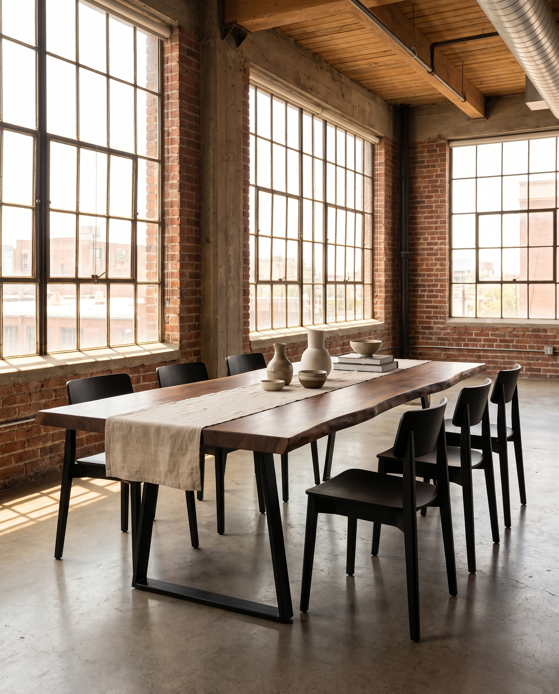 Solid walnut tabletop, live edge — a brick loft dining room