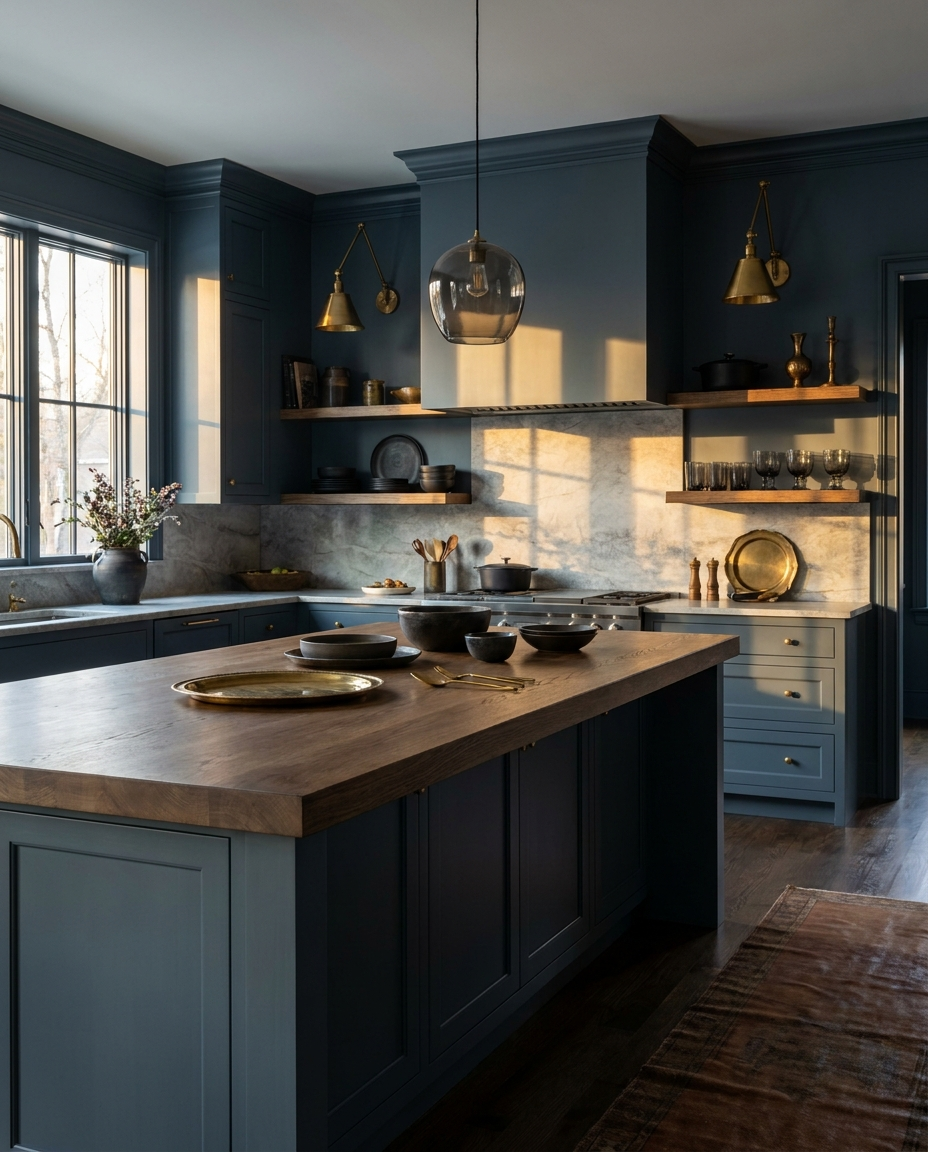 Solid black oak countertop, face grain — a moody slate-blue kitchen, island top with matching floating shelves