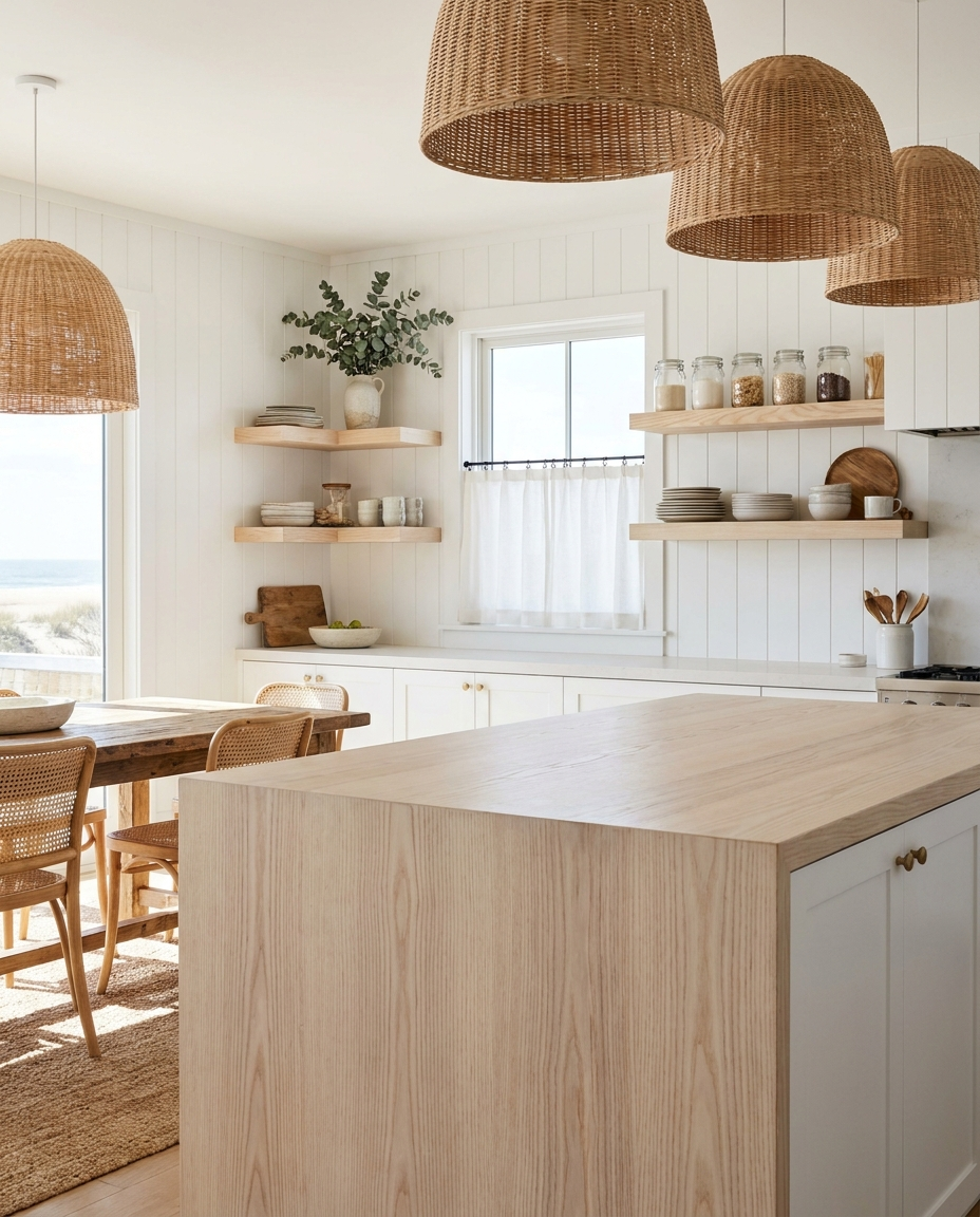 Solid ash countertop, face grain — a coastal kitchen, island top with matching floating shelves