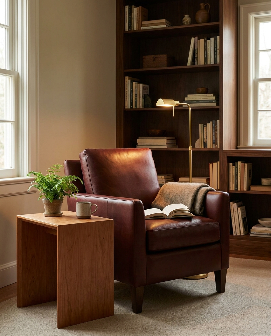 Solid cherry tabletop, face grain — a warm reading corner