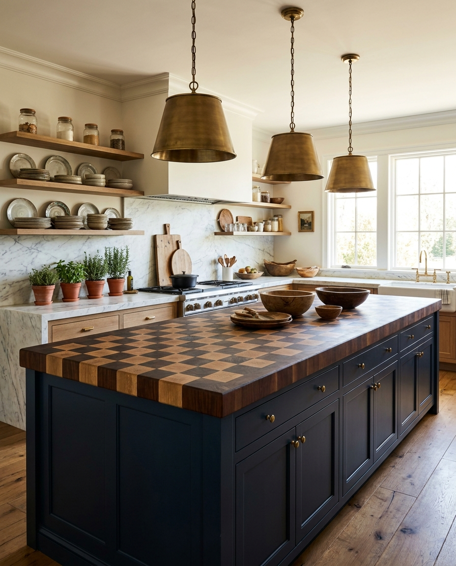 Solid walnut + white oak countertop, end grain — a stately kitchen, two-tone island top