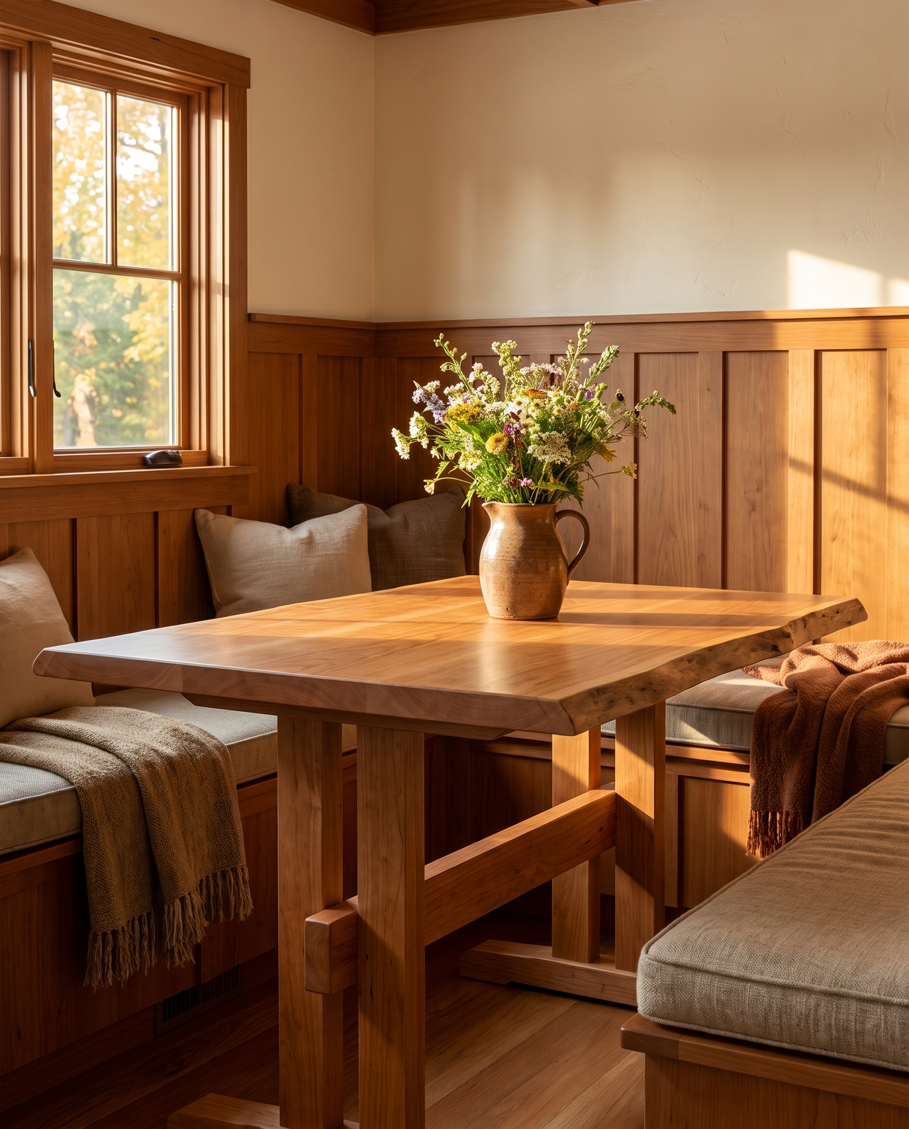 Solid cherry tabletop, live edge — a craftsman dining nook