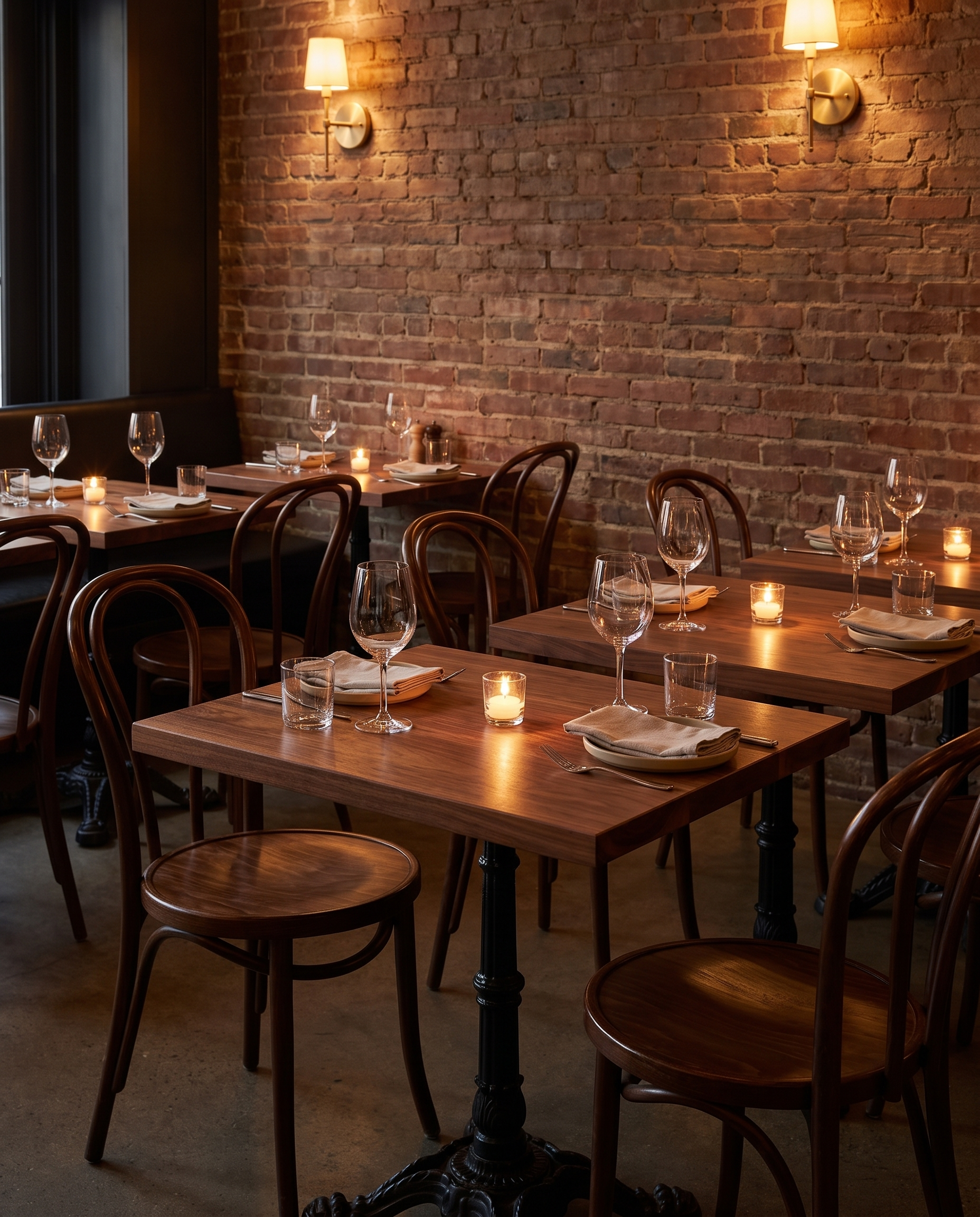Solid walnut tabletop, edge grain — a candlelit brick bistro