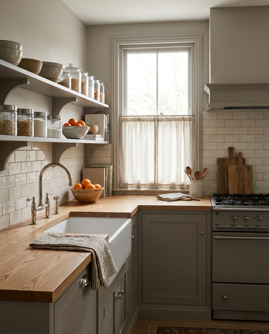 Solid red oak countertop, edge grain — a warm grey transitional kitchen