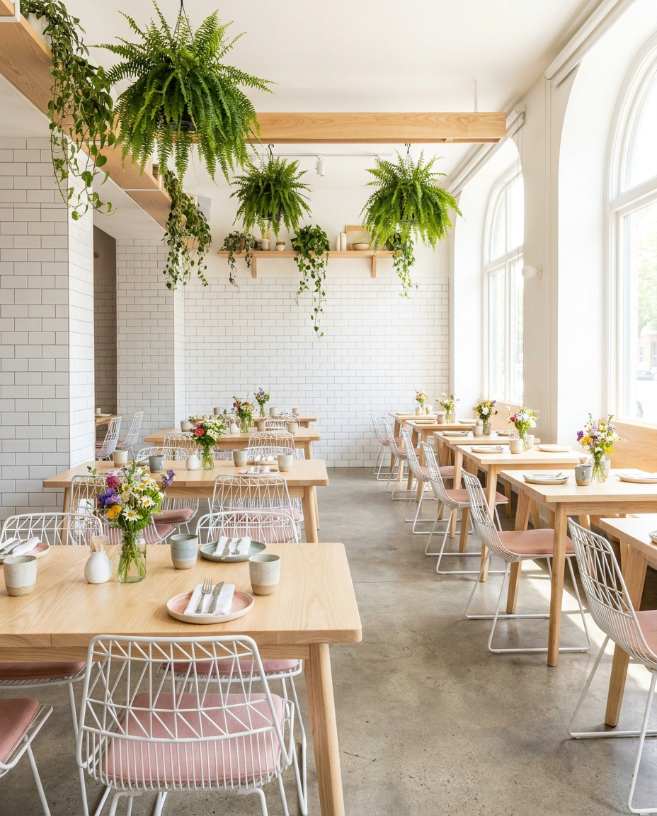 Solid ash tabletop, edge grain — a bright brunch restaurant
