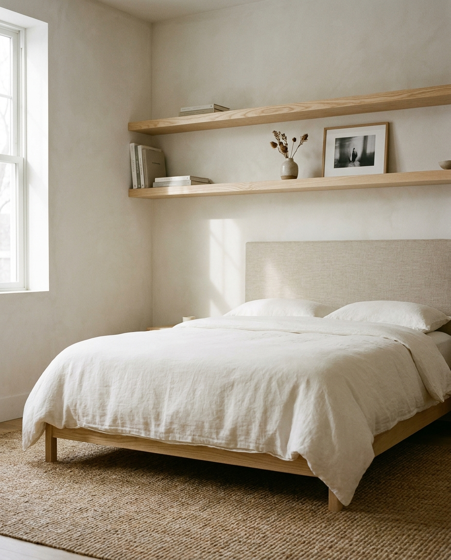 Solid ash shelf, face grain — a calm Scandinavian bedroom