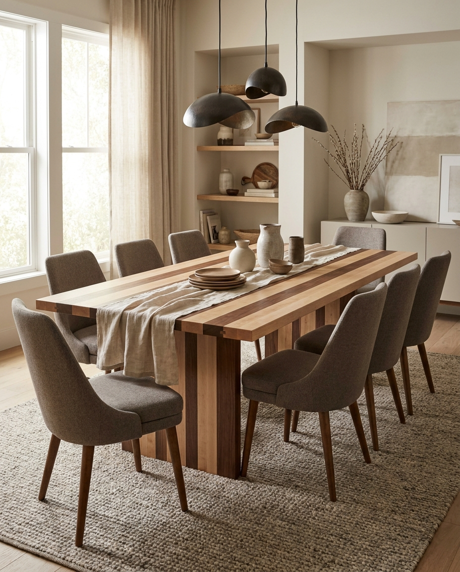 Solid maple + walnut dining table, face grain — a warm contemporary dining room — striped plank top