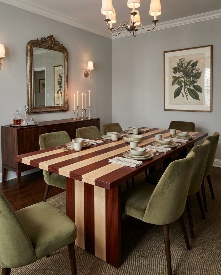 Solid mahogany + maple dining table, face grain — an elegant dining room — striped plank top