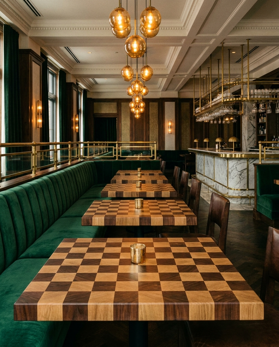 Solid walnut + white oak tabletop, end grain — an upscale restaurant with velvet banquettes