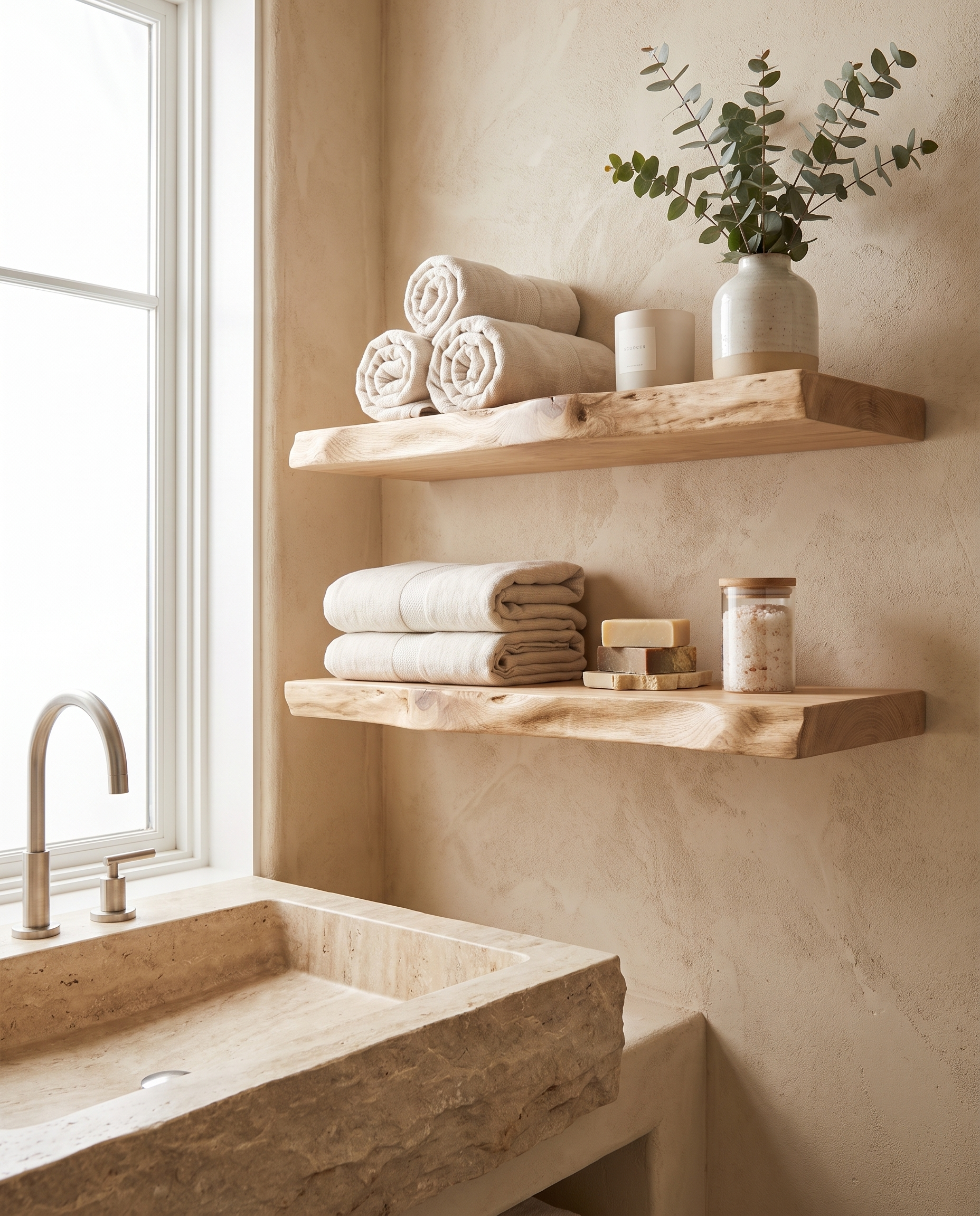 Solid white oak shelf, live edge — a coastal stone bathroom