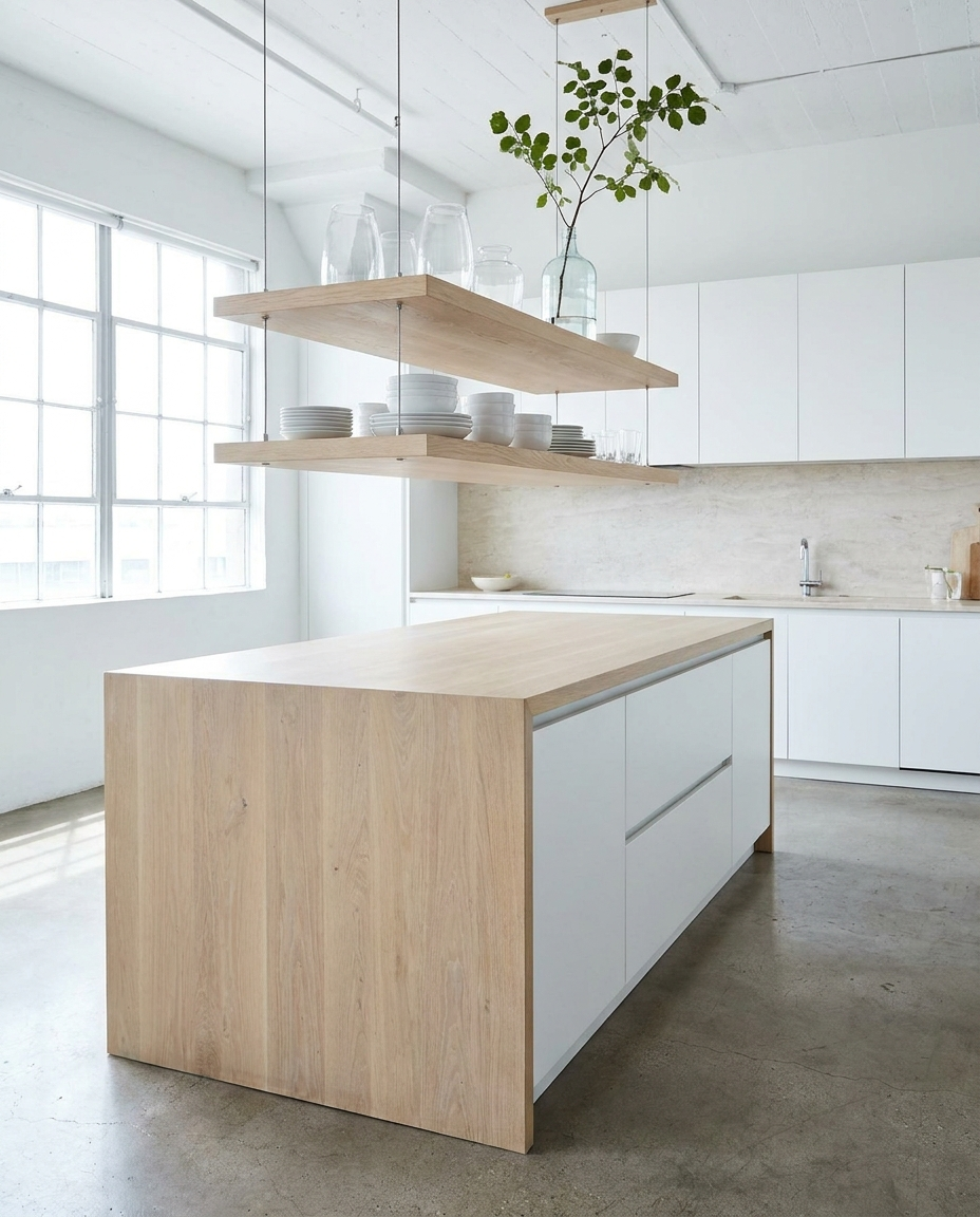 Solid arctic oak countertop, face grain — a bright minimalist kitchen, island with matching shelves