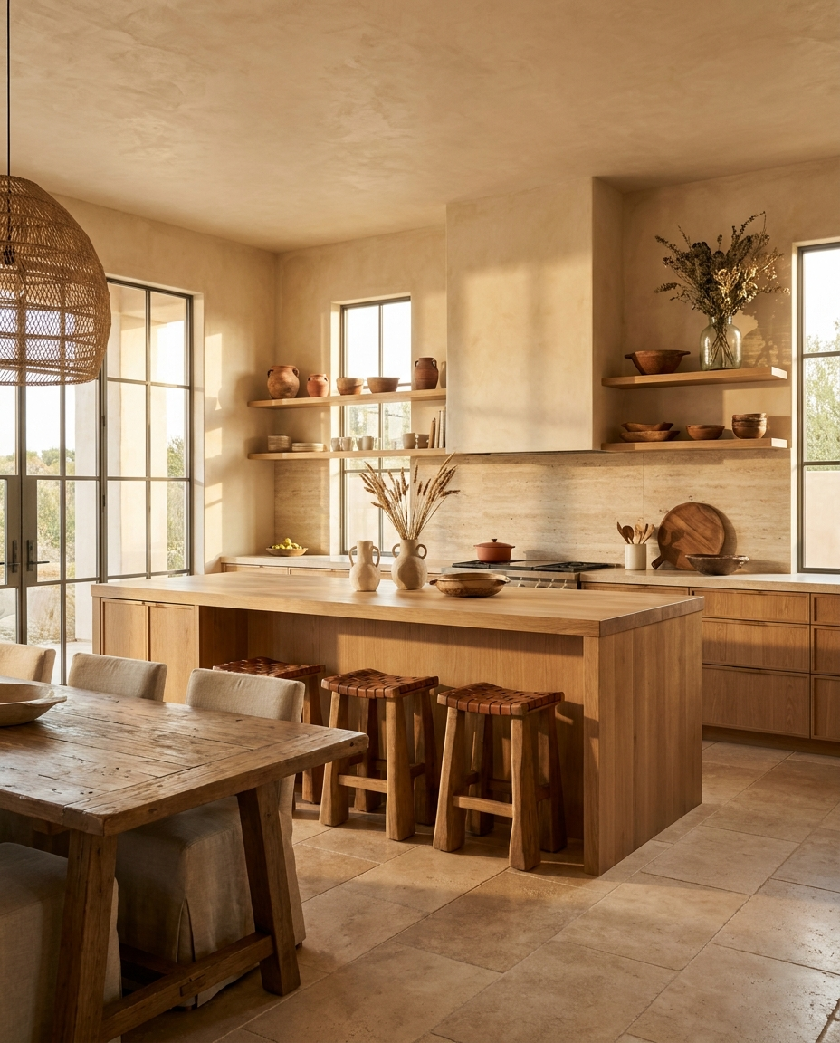 Solid european oak countertop, face grain — a modern organic kitchen, island top with matching floating shelves
