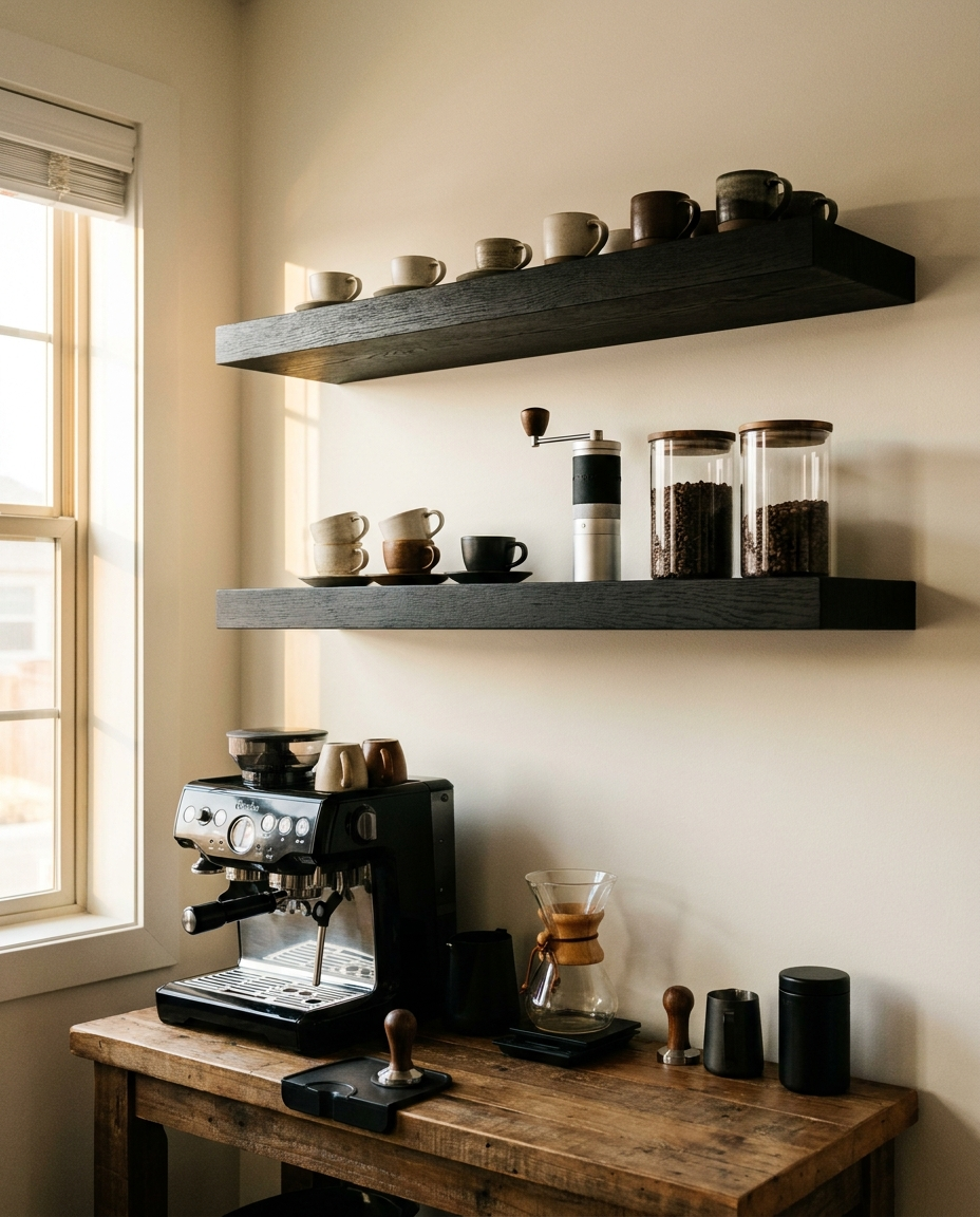 Solid black oak shelf, face grain — a home coffee corner