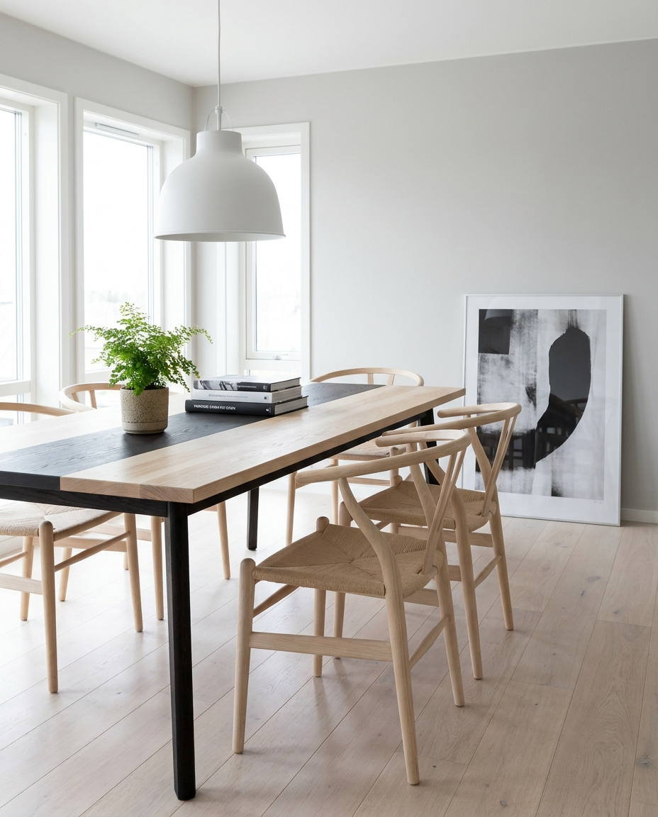 Solid ash + black oak dining table, face grain — a crisp Scandinavian dining room — black oak border, ash field