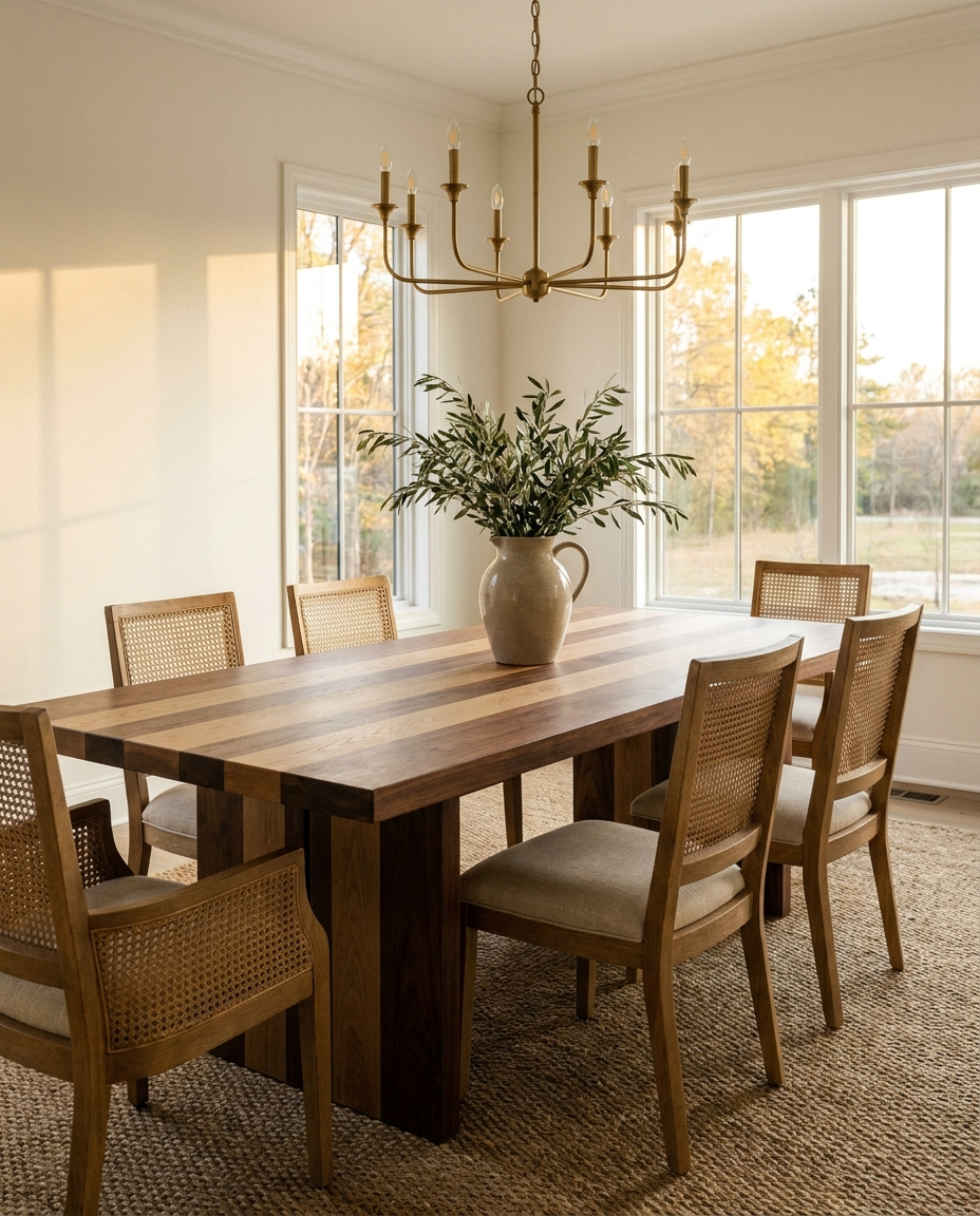 Solid walnut + white oak dining table, face grain — a refined transitional dining room — striped plank top