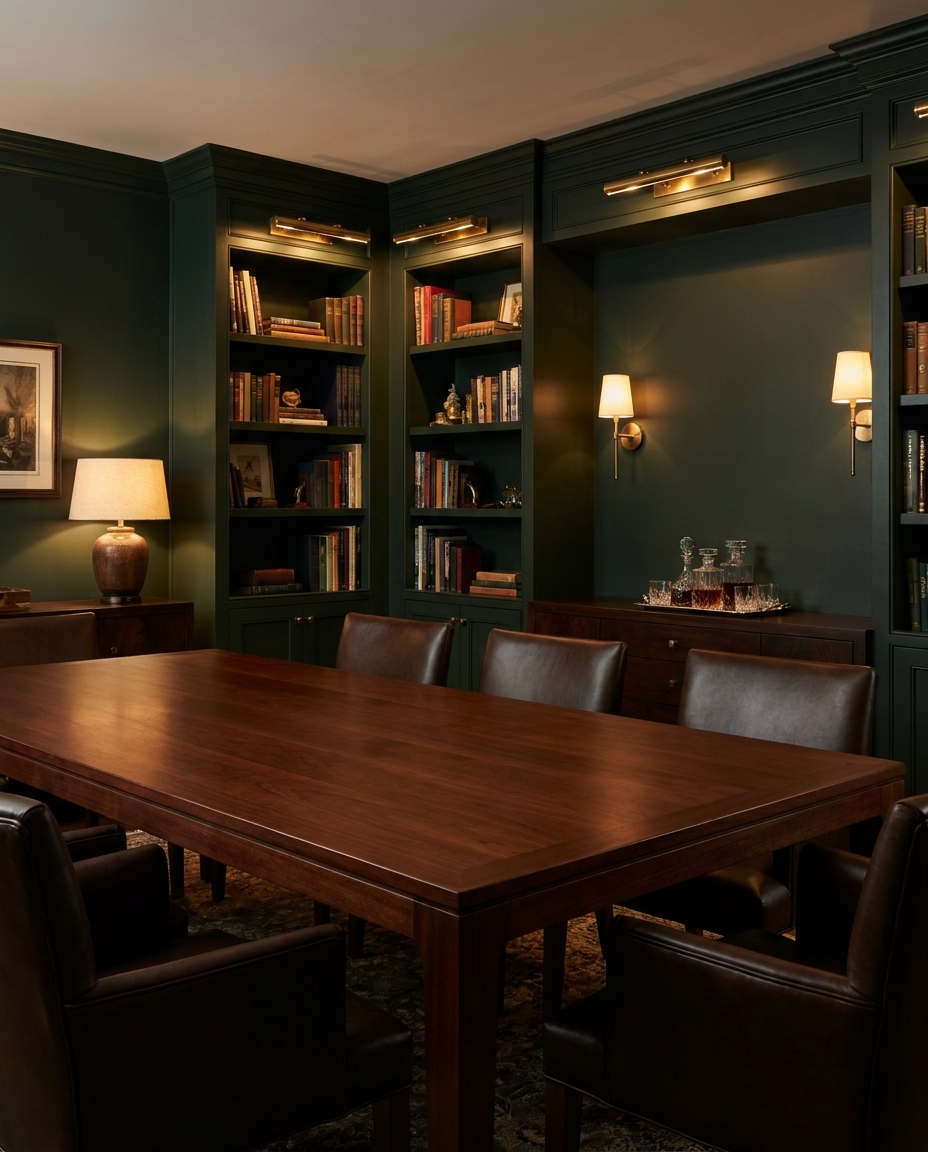 Solid mahogany dining table, edge grain — a library-style dining room