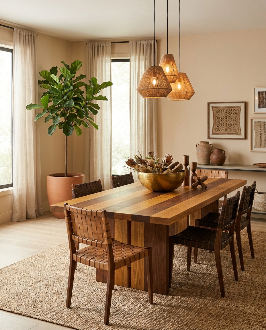 Solid iroko + walnut dining table, edge grain — a worldly modern dining room