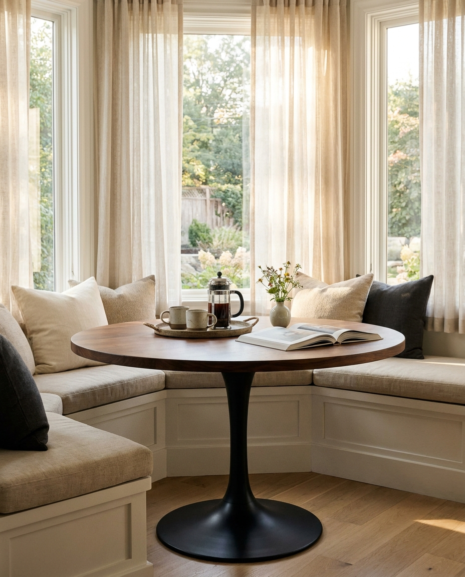 Solid walnut round tabletop, edge grain — a bay-window breakfast nook
