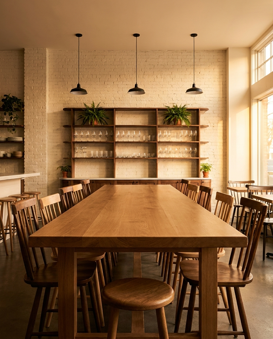 Solid european oak tabletop, edge grain — a neighborhood restaurant, communal table