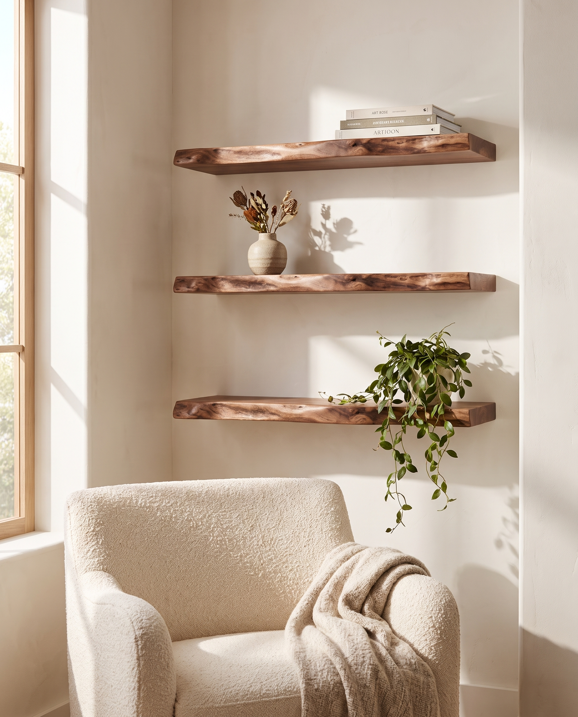 Solid walnut shelf, live edge — a sunlit reading corner