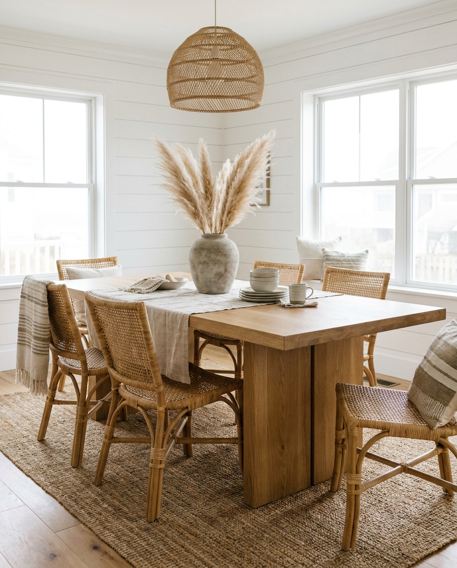 Solid white oak dining table, edge grain — an airy coastal dining room
