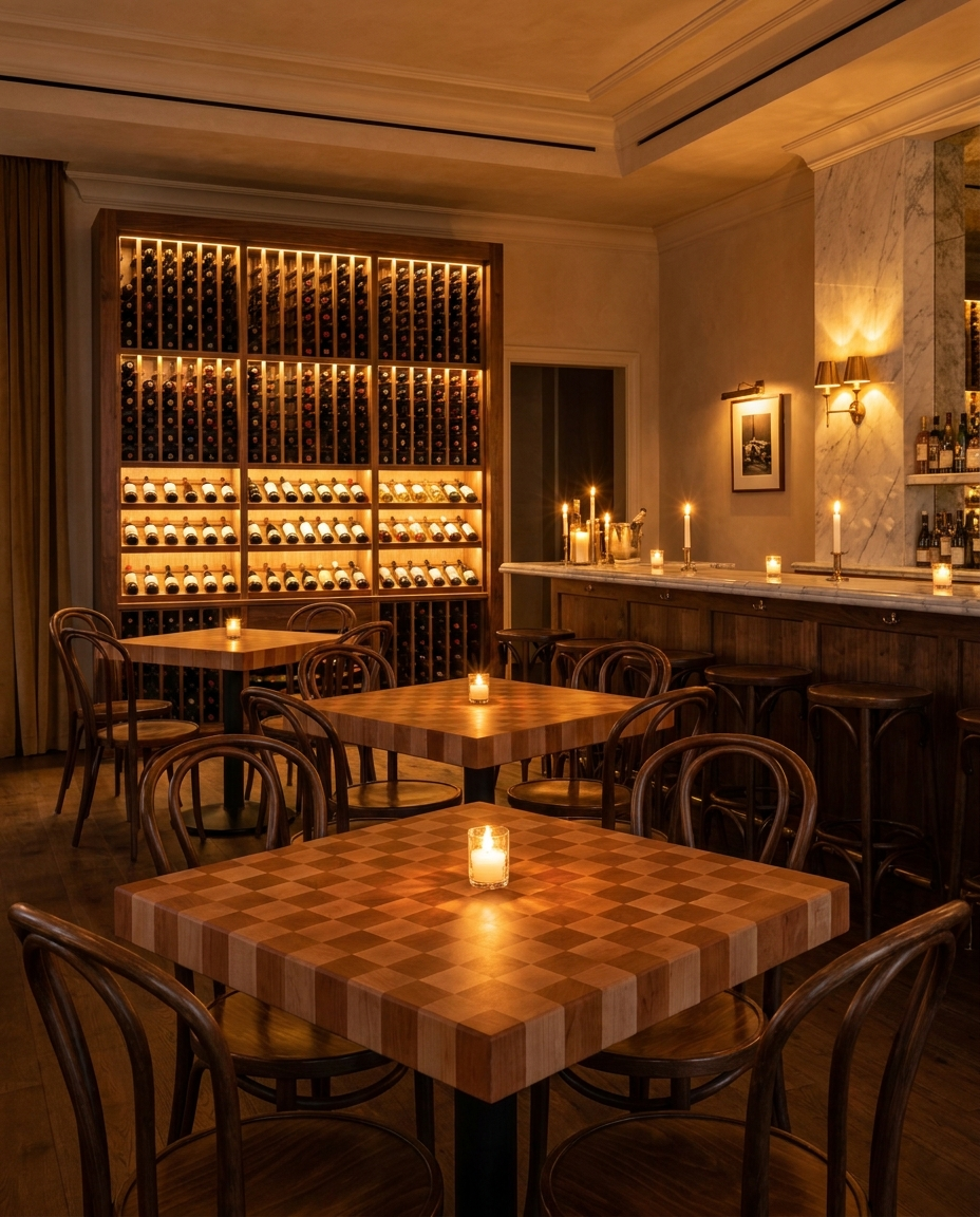 Solid cherry + maple tabletop, end grain — a warm wine bar