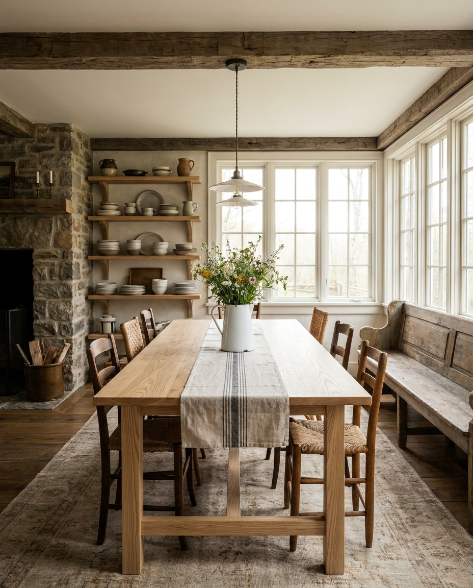 Solid ash dining table, edge grain — a light-filled farmhouse dining room