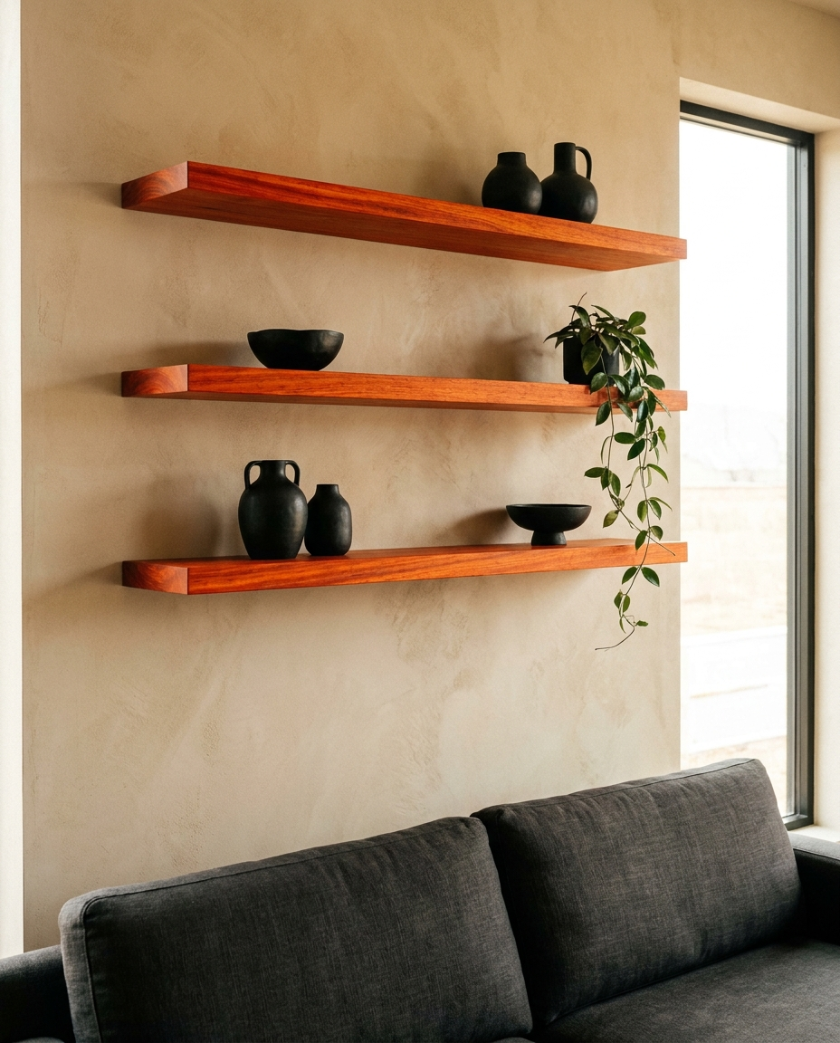 Solid padauk shelf, face grain — a gallery-style living room wall