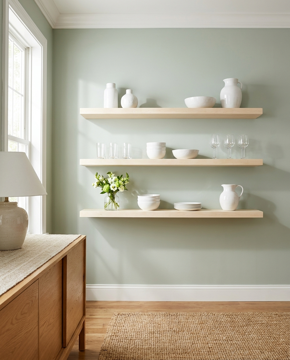 Solid maple shelf, face grain — a sage dining room wall