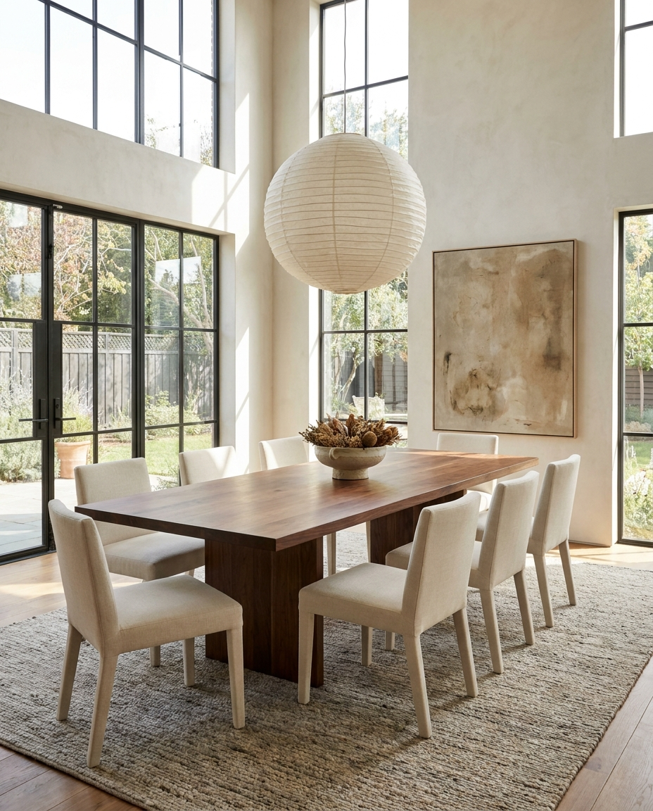 Solid walnut dining table, edge grain — a sunlit modern dining room