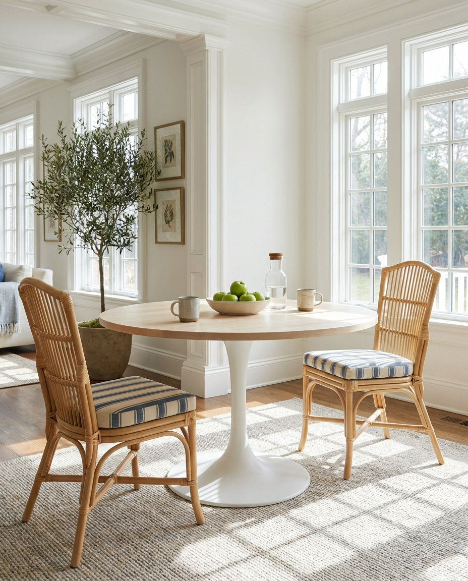 Solid maple round tabletop, edge grain — a bright breakfast corner