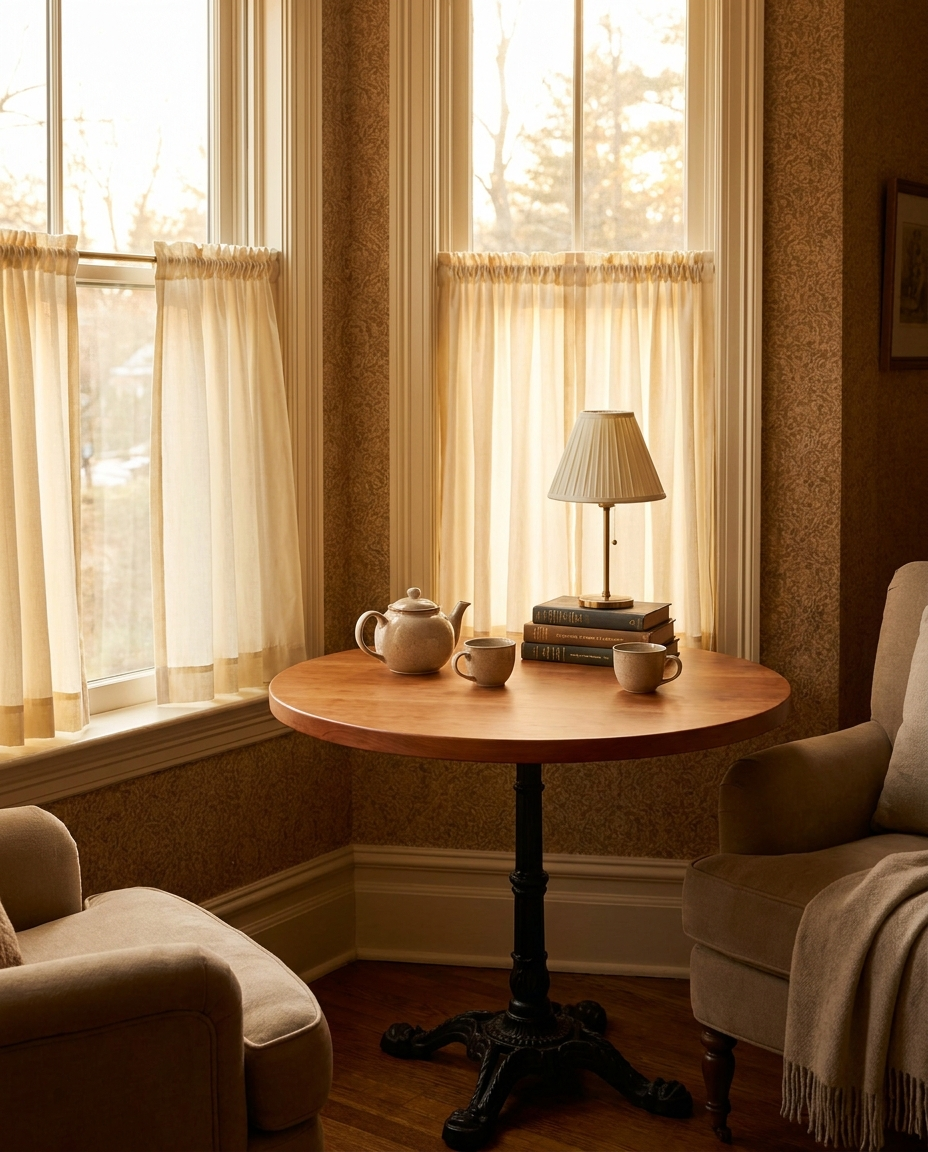 Solid cherry round tabletop, edge grain — a cozy corner nook