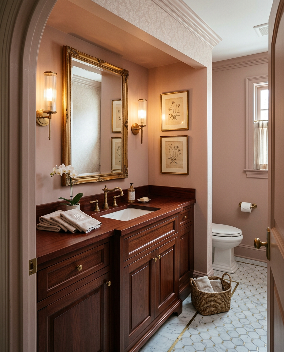 Solid mahogany countertop, edge grain — a classic powder room