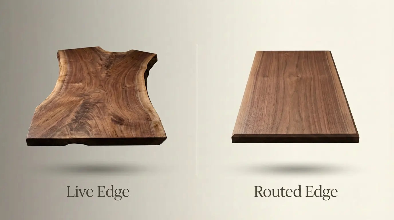 Live edge vs routed edge walnut tabletop comparison showing a natural live edge slab next to a clean modern routed edge profile.
