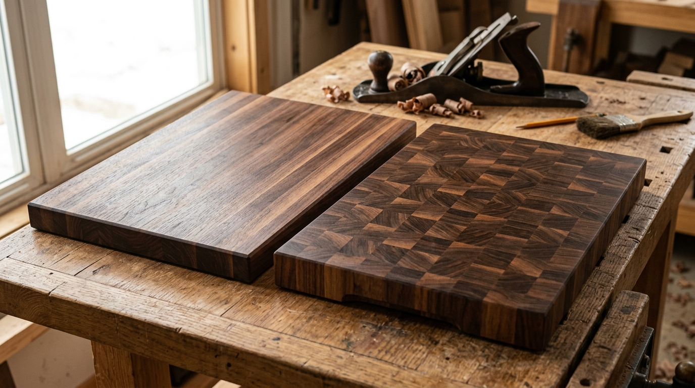 Edge grain butcher block strips next to an end grain checkerboard chopping surface in solid hardwood.