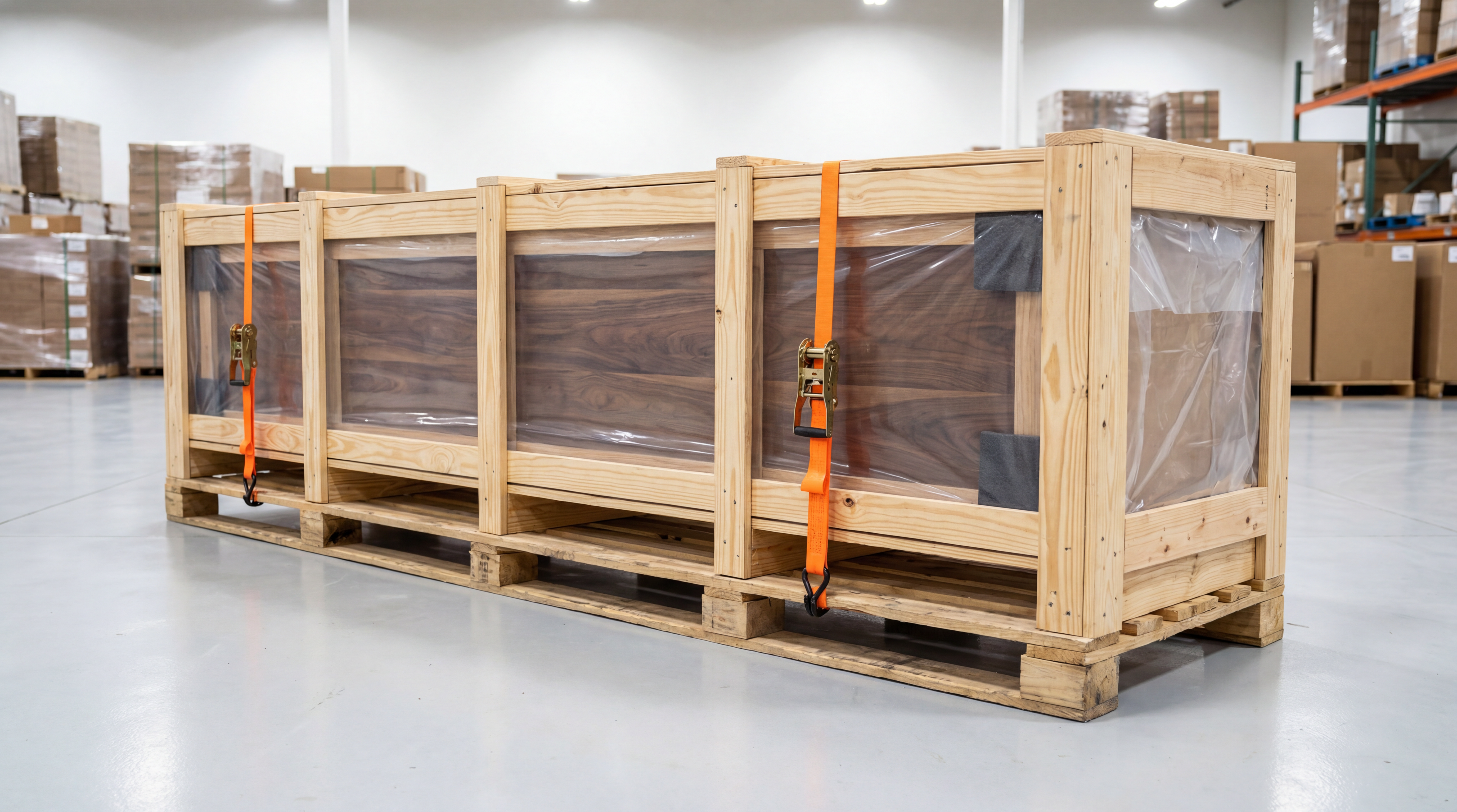 Walnut wood countertops packaged on a pallet with foam, edge guards, and strapping for freight shipping.