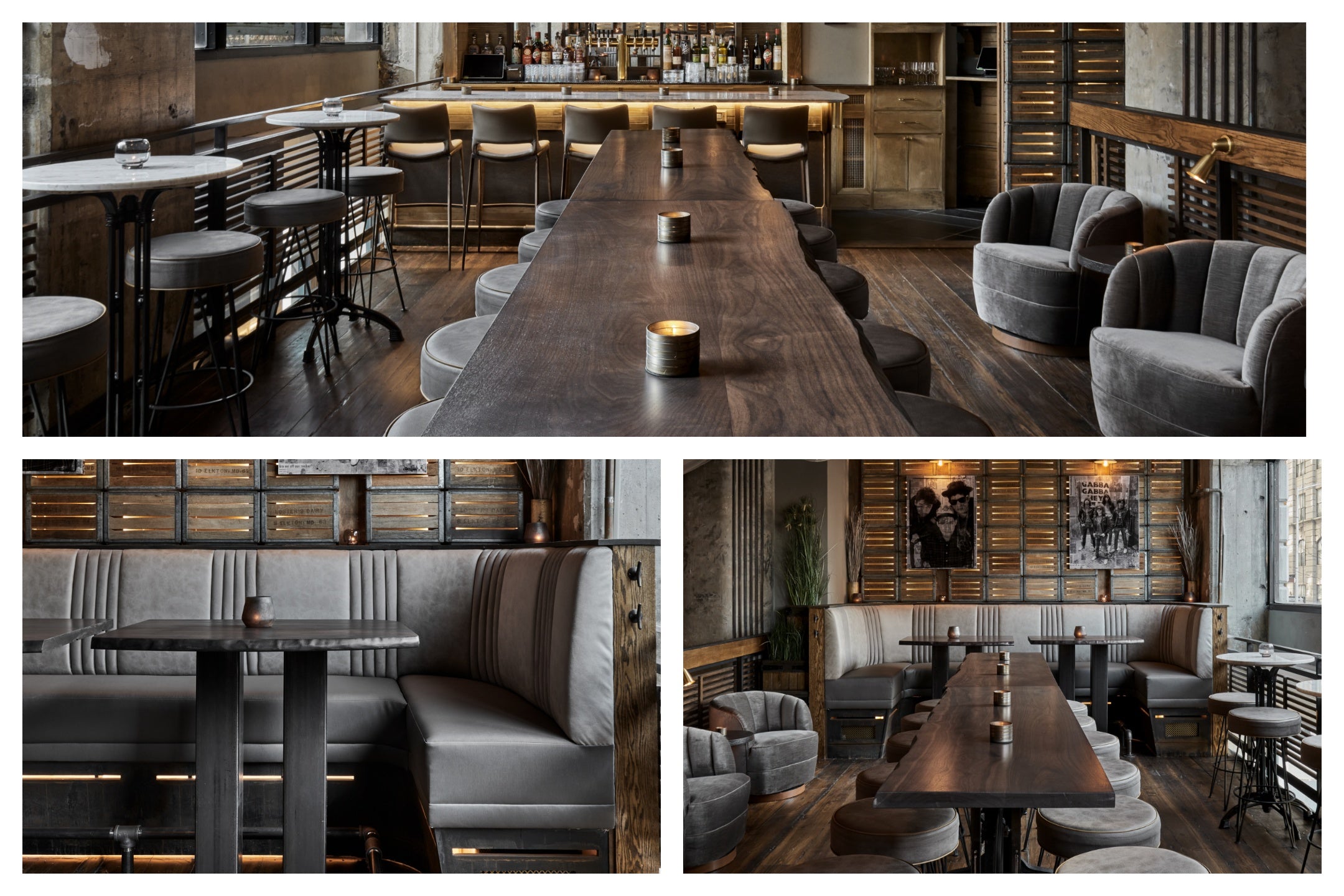 Collage of live edge walnut hightop tables installed in the upstairs bar, featuring natural contours and sculptural slabs